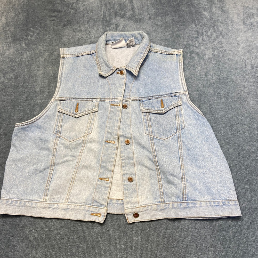 Vintage Bill Blass Denim Vest Womens XXL Blue Light Wash Classic Button Front